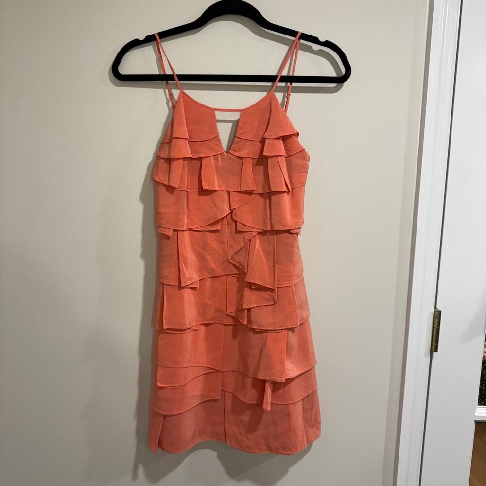 BCBGMaxazria Womens Coral Orange Ruffled Cocktail Dress Size 0 XS 100% Silk